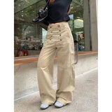 Daiiibabyyy  Women Khaki Cargo Denim Jeans Baggy Y2K Harajuku High Street 2000s Style Retro Wide Leg Jeans Long Pants Clothing Autumn