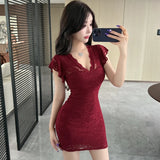 DAIIIBABYYY  -  Women Red Lace Hook Flower Hollow V-Neck Sexy Mini Dress 2025 Korean Luxury Bodycon Dress Summer Elegant Chic Festival Vestidos