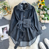 Daiiibabyyy  Casual Denim Shirt Tie Waist Adjustable Denim Shirt Backless Multiway Versatile Jean Blouse Short Sleeve Loose Denim Top