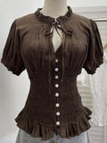 Daiiibabyyy  Hollow Out Solid Y2k V Neck Short Sleeve Single Breasted Lace-up Slim Women Shirt