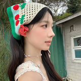 DAIIIBABYYY  -  Korean Seaside Vacation Knitted Triangular Headscarf Women's Spring and Summer Color Matching Cherry Decoration Hollow Headband