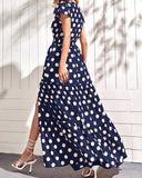 DAIIIBABYYY  -  Summer New Women's Fashion V-Neck Short Sleeve Side Split Medium And Long Polka Dot Dress
