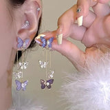 Daiiibabyyy  Elegant Purple Glass Butterfly Long Tassel Earrings for Women Delicate Rhinestone Crystal Insect Earrings Luxury Party Jewelry