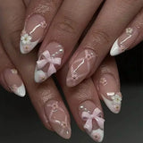 Daiiibabyyy  White Glitter Powder Bowknot Long Pointed Fake Nails Art Ballet False Nail Cow Print Pearl Rhinestone Pink Almond Press on Nails