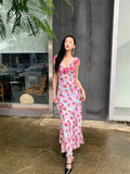 DAIIIBABYYY  -  Rose Backless Sleeveless Long Dress Summer 2024 Woman V Neck Ruffles A Line Vacation Maxi Dress Holiday Outfits