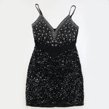 DAIIIBABYYY  -  Sexy Black Diamond Dresses for Woman Spaghetti Strap V Neck Sheath Mini Length Elegant Evening Night Club Vestidos Mujer Dress