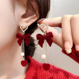 Daiiibabyyy  Red Flocked Bowknot Snowflake Star Heart Long Earrings Christmas Sweet Fashion Jewelry Women New Year Gifts