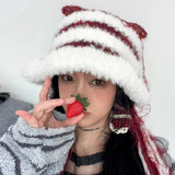 Korean Fashion Color Matching Cute Fringed Plush Beanies Cap for Women Winter Travel Warm Versatile Sweet Pullover Knitted Hat