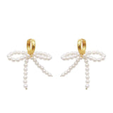 Daiiibabyyy  Korean White Imitation Pearl Bow Dangle Earrings for Women Elegant Handmade Woven Beaded Earrings Wedding Y2K Jewelry