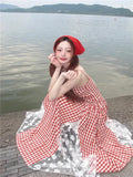 DAIIIBABYYY  -  Retro Red Plaid Holiday Long Dress Lace Patchwork Slash Neck Summer A Line Strap Dress Sleeveless Midi Beach Dress