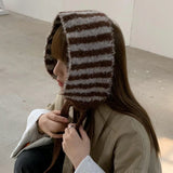 DAIIIBABYYY  -  Ins Personality Contrasting Stripes Knitted Straps Earmuffs for Women Autumn and Winter Travel Versatile Warm Casual Hairdband