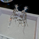 Daiiibabyyy  Inlaid Rhinestone Crystal Flowers and Leaves Tassel Ear Clips New Exquisite Earrings Light Luxury High-end Earrings for Women