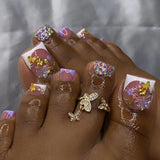 DAIIIBABYYY  -  24pcs Shiny French Fake Toenail Glitter Rhinestone Butterfly Flower Design False Toenails Summer Ins Simple Press on Toenails