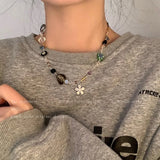 Korean Fashion Resin Flower Heart Necklace For Women Sweet Cute Rhinestone Irregular Geometrics Choker Chain Casual Jewelry Gift