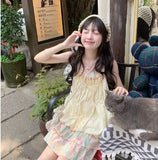 DAIIIBABYYY  -  Ethnic Style Pink Green Floral Pleated Sling Loose Flower Bud Women Summer New Dopamine Patchwork Square Neck Slip Dress