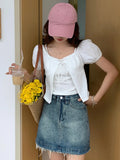 Daiiibabyyy  Fake Two Pieces Woman All Match T Shirts Korean Slash Neck Puff Sleeve Tunic Tees Korean Casual Fashion Summer Bandage T-shirts
