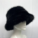 Daiiibabyyy  y2k Fluffy Faux Fur Bucket Hat Women Rabbit Fur Warm Thick Plush Winter Hat Lady Luxury Fashion Furry Panama Fisherman Cap