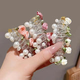 Daiiibabyyy  New Rose Flower Telephone Phone Line Hair Rope for Women Girls Elastic Pearl Ponytail Hair Loop Headwear Hair Accessories