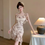 DAIIIBABYYY  -  New Print Mesh Ruffled Sling Short Dress Summer Elegant Casual Beach Style Dress Women Korean Fashion Bodycon Evening Dress