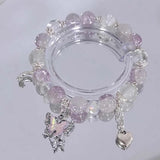 Daiiibabyyy  Korean Pink Crystal Flowers Butterfly Pendant Beaded Bracelet For Women Sweet Beaded Chain Bracelet Jewelry Gifts