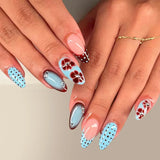 Daiiibabyyy  24Pcs Mid-length Almond Press on Fake Nails Blue French Coffee Flower Polka Dot False Nails Art Rhinestone Full Cover Nails Tips
