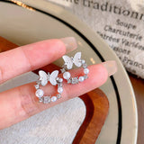 Daiiibabyyy  Exquisite White Imitation Pearl Beaded Tassel Pendant Earrings for Women Fashion Butterfly Inlaid Rhinestone Earrings Jewelry