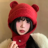 DAIIIBABYY  -  Retro New Year's Red Cute Bear Ears Balaclava Hats for Women Autumn Winter Casual Warm Fashion Versatile Knitted Beanies Y2k