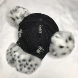 Daiiibabyyy  New Retro Leopard Print Leopard Print Pom Poms Ears Baseball Caps Women Washed Trendy Street Y2K Snapback Hat Cotton Sun Hats