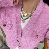 Daiiibabyyy  Korea Silver Color Acrylic Beads Pearl Strand Choker Necklaces for Women Pink Color Enamel Love Heart Pendant Necklace