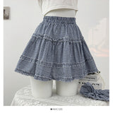 DAIIIBABYYY  -  Sweet Girl Mushroom Edge Splicing Color Contrasting Plaid Half Girls Summer 2025 High Waist A-line Layered Cake Skirt