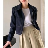 DAIIIBABYYY  -  Women's Retro Lapel Topstitch Design Short Jackets Spring and Autumn Solid Color Versatile Loose Casual Temperament Zipper Coats
