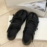 Daiiibabyyy  Street Style Fashion Split Toe Bowknot Lace-up Women Ballet Flats Comfortable Soft Soles Mary Janes Leather Loafers Casual Shoes