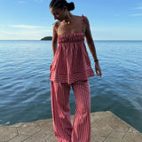 Daiiibabyyy  Women Summer Y2K Striped Pajamas Set Tie Shoulder Ruffle Tank Tops and Straight Pants 2 Piece Casual Vacation Beach Outfit