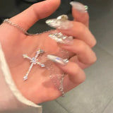Daiiibabyyy New Crystal Cross Pendant Necklace for Women Girls Shiny Sweet Chain Punk Party Fashion Pendant Fashion Jewelry Accessories
