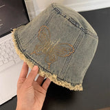 DAIIIBABYYY  -  High Quality Bow Hot Diamond Design Denim Bucket Hat Women Spring and Summer Personality Trend Rough Edge Design Basin Cap