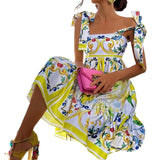 Daiiibabyyy Holiday Blue White Yellow Porcelain Floral Print Summer Sleeveless Dress for Women Straps Bow Midi Long Vestidos Beach