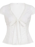Daiiibabyyy  Sweet Prairie Chic Solid Lace Patchwork V Neck Short Sleeve All Match Women Shirt