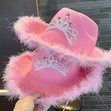 DAIIIBABYYY  -  2024 Pink Feather Western Cowboy Hat Women British Retro Jazz Caps Theme Party Halloween Carnival Hats Wide Brim Wool Felt Hat