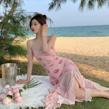 DAIIIBABYYY  -  French Vintage Style 3D Cut Rose Flower Irregular Bottomfish Tail Skirt Tank Dress Nonsquare Neckline Casual Prom Gown