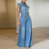 DAIIIBABYYY  -  Solid Spliced Button Minimalist Denim Jumpsuits for Women Lapel Sleeveless High Waist Casual Jumpsuits Female Fashion New