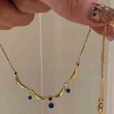 Daiiibabyyy  Delicate Blue Water Drop Zircon Necklace for Women Vintage Metal Wave Splicing Necklace Rings Wedding Party Jewelry Gifts