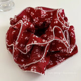 Daiiibabyyy  Women's Nice Scrunchies Sweet Style New Korean Hair Tie Red Floral Lace Large Intestine Loop Hair Bun Bun Hairstyle Accessory