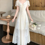 DAIIIBABYYY  -  Lace Patchwork Design V-neck Short Sleeved Dress New French Style Gentle Women's Tie Up Clothing Slim Waist Stylish Long Dresses