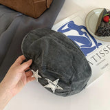 Daiiibabyyy  Women's American Retro Star Beret British Style Casual Newsboy Cap Simple Face Slimming Hat Classic Artist Flat Paperboy Cap