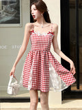 DAIIIBABYYY  -  Red Plaid Patchwork Lace A-Line Short Dress Women Elegant Bow Y2k Dress Summer Korean Fashion Bodycon Festival Party Dress