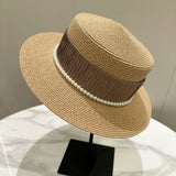 DAIIIBABYYY  -  Summer Elegant Pearl Chain Flat Sun Hats for Women Chapeau Feminino Straw Hat Panama Wide Brim Anti-UV Beach Cap Girl Topee