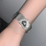 Daiiibabyyy  Y2K Metal Crystal Heart Wide Bracelets for Men Women Punk Silver Color Bracelets Adjustable Wrist Belt Buckle Cuff Bangle Party