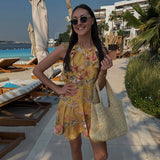 Daiiibabyyy  Elegant O-neck Sleeveless Ruffle Trim Dress Fashion Yellow Floral Printed Mini Dress For Women Lady Beach Holiday Vestidos
