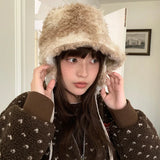 Daiiibabyyy  Japanese Tie-dye Gradient Lace-up Ear Protection Bucket Hat Winter Outdoor Thickened Lambswool Warm Lounge Basin Caps for Women