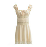 DAIIIBABYYY  -  Women's French Solid Color Fairy Chiffon Vest Dress Summer Square Neck Sleeveless Lace Mesh Patchwork Waist See-through Dresses